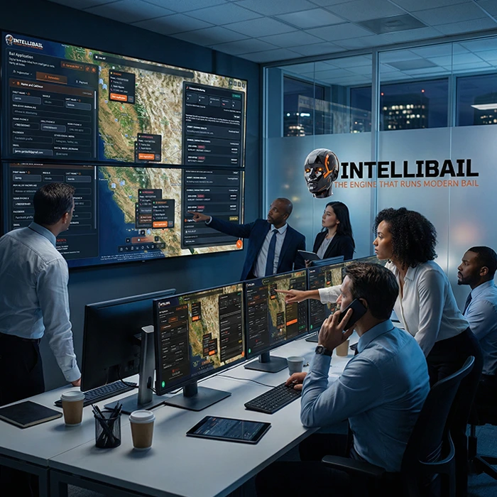 Bail agency team reviewing risk signals at intake