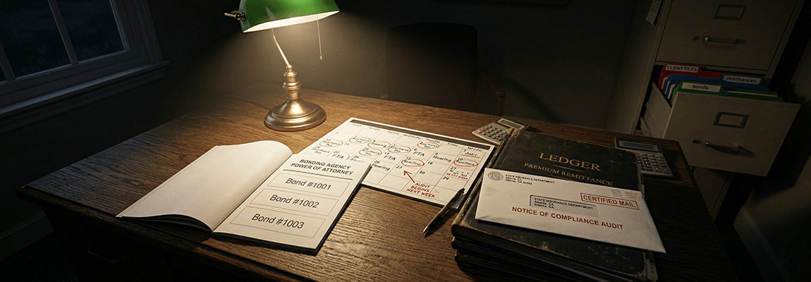 Bail bond agency compliance documents, power of attorney records, and state filing deadline calendar spread across an office desk