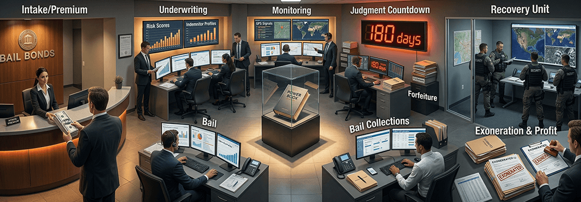 Bail bond agency operator reviewing bond portfolio performance and financial lifecycle data