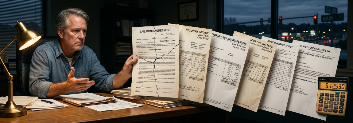 Bail bond agency financial spreadsheet showing forfeiture cost breakdown beyond face value
