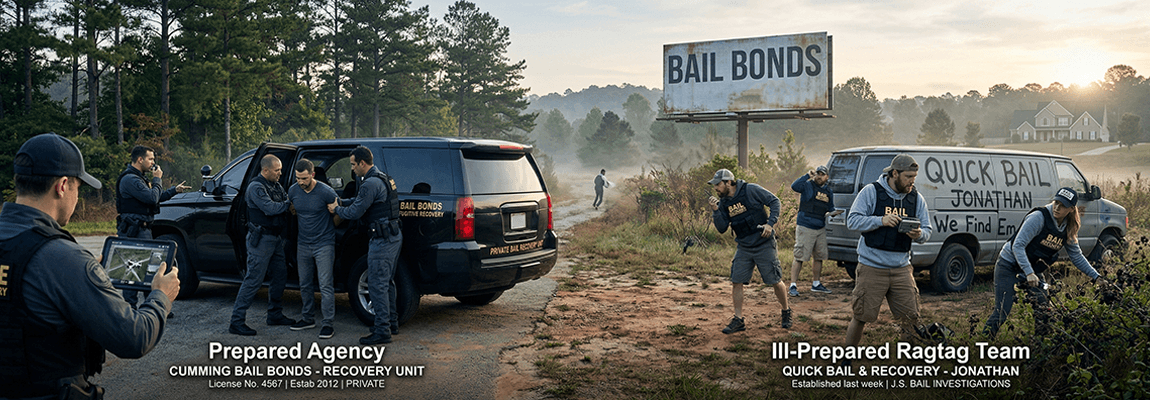 Bail bond recovery operation showing case files, phone records, and defendant location documentation on an agency desk