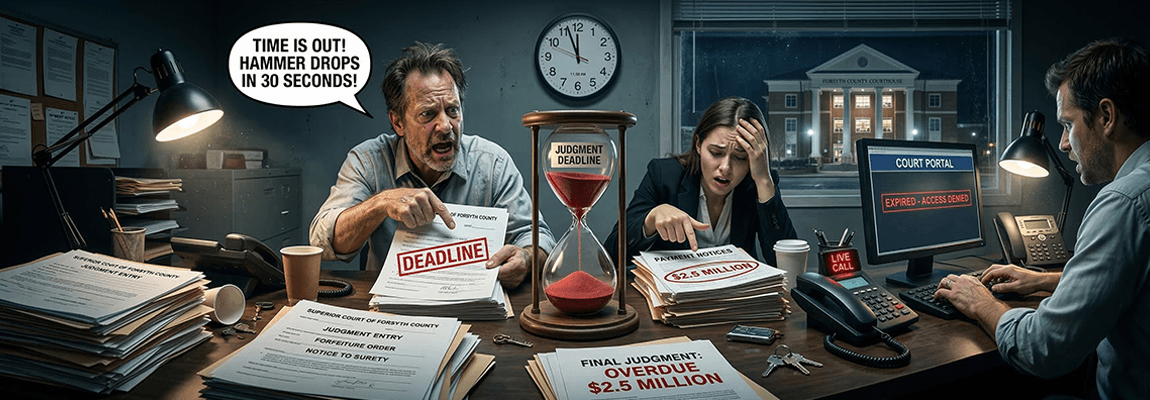 Bail bond agency operator reviewing open FTA deadlines and forfeiture calendar at a desk