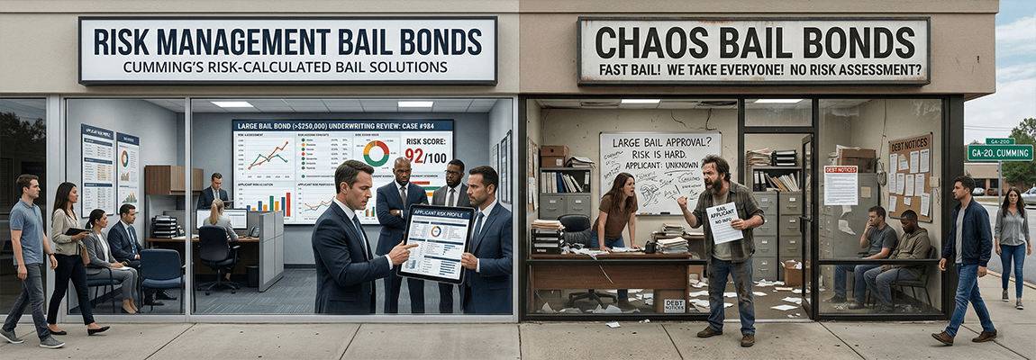 Bail bond agent reviewing indemnitor application and risk assessment documents at an agency intake desk