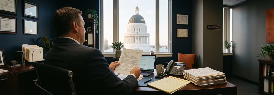 California State Capitol with bail recovery agent licensing documents on a desk