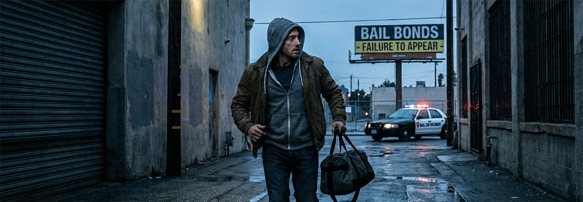 Bail bond agent reviewing court date tracking and defendant compliance data at a desk