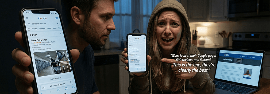 Google Business Profile listing for a bail bond agency displayed on a smartphone at night