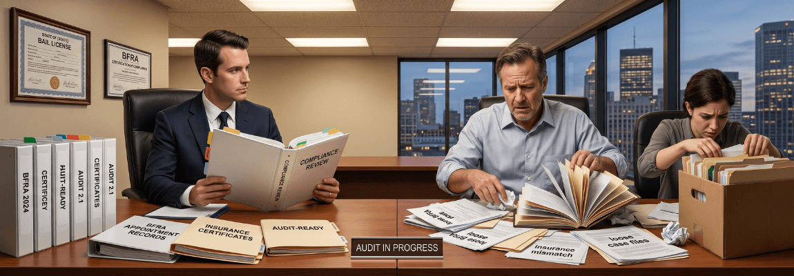 Bail bond surety compliance documentation and regulatory review materials on a desk