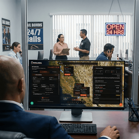 Bail bond professional reviewing unified intelligence dashboard